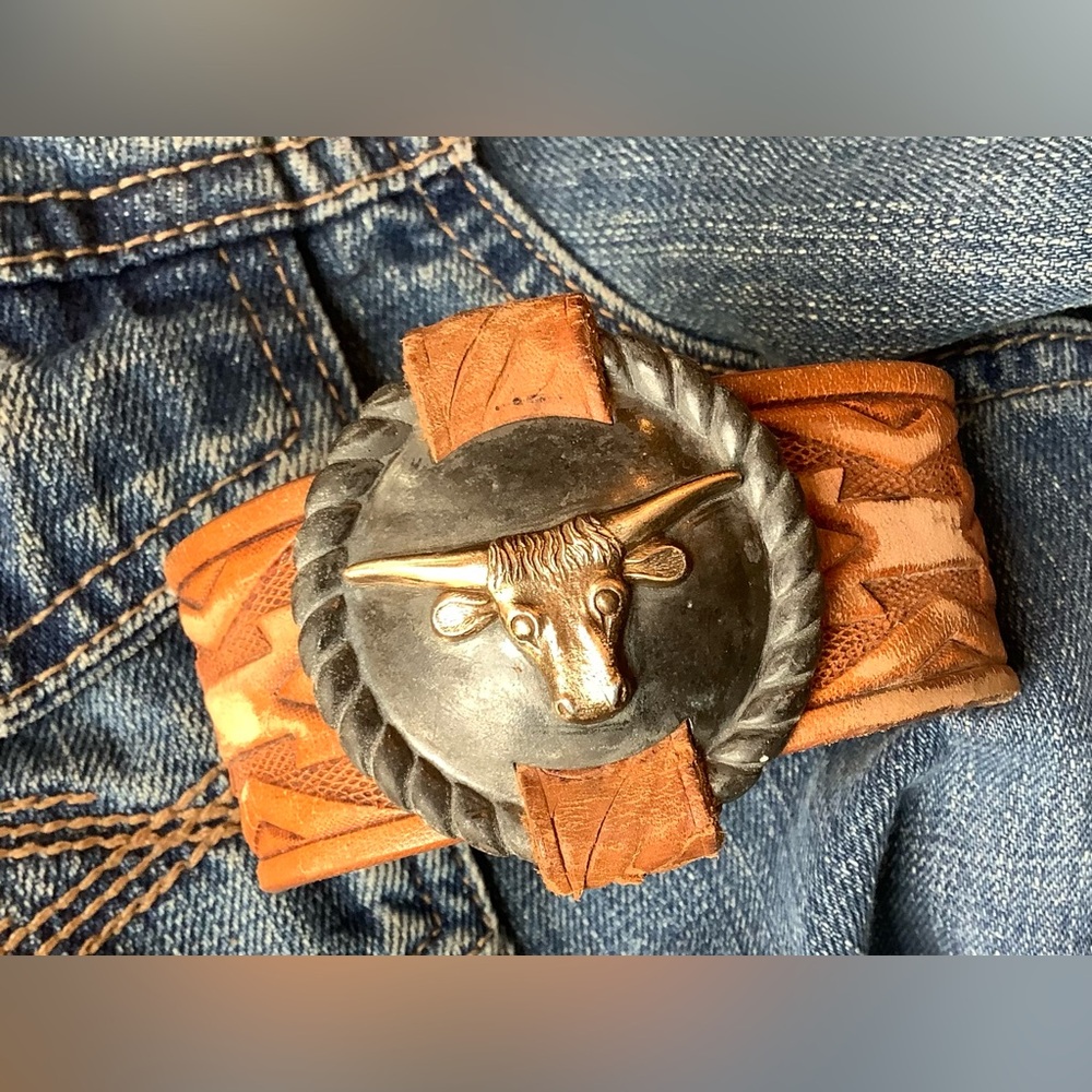Tooled Leather cuff ,  Bull Concho , up to  either 6 3/4”  or 8”wrist